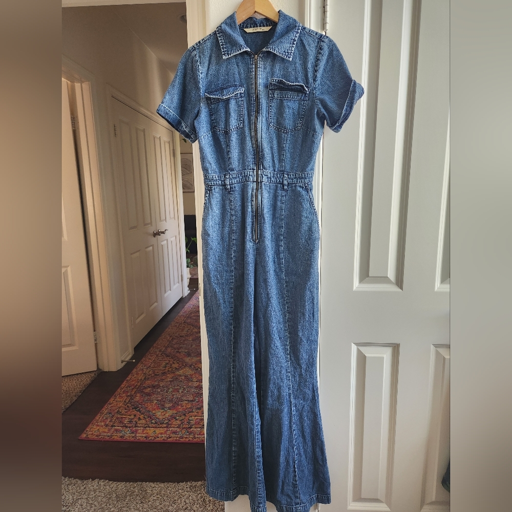 Zapelle denim jean jumpsuit zipper short sleeve wide leg